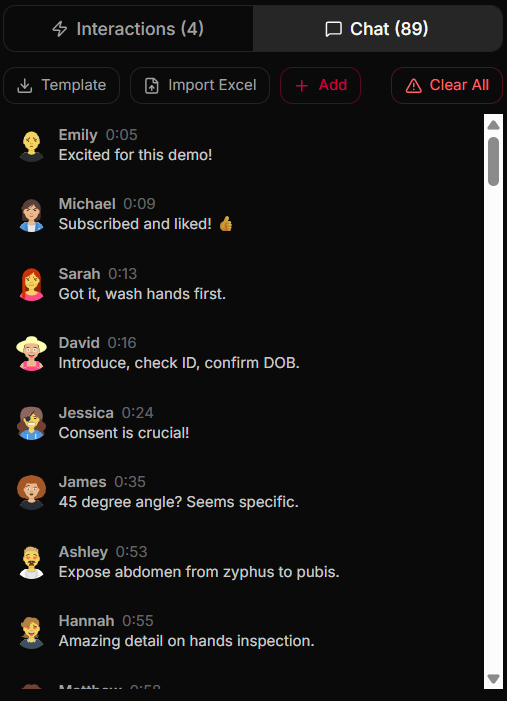 Talexa AI-generated webinar chat panel showing simulated audience messages timed to the video content, each with a name, avatar, and timestamp, recreating a live chat experience automatically